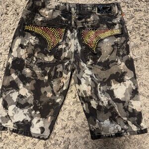 Robin's Jean Gray Camouflage Jean Shorts with Gold Embellishment